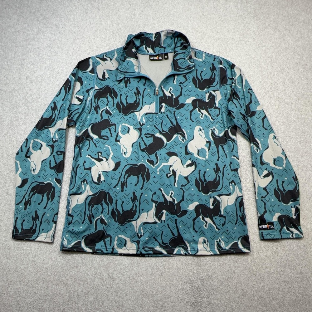 Kerrits Pullover Shirt Womens M Blue Horse Print Long Sleeve 1/4 Zip Riding Top